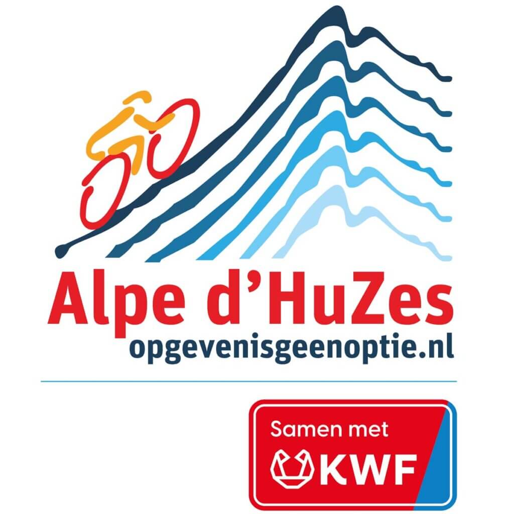 Logo with a stylized cyclist climbing a series of blue mountain peaks. Below, text reads Alpe dHuZes opgevenisgeenoptie.nl. A red and blue box in the corner displays Samen met KWF with a heart-shaped icon, highlighting the events sponsoringen.