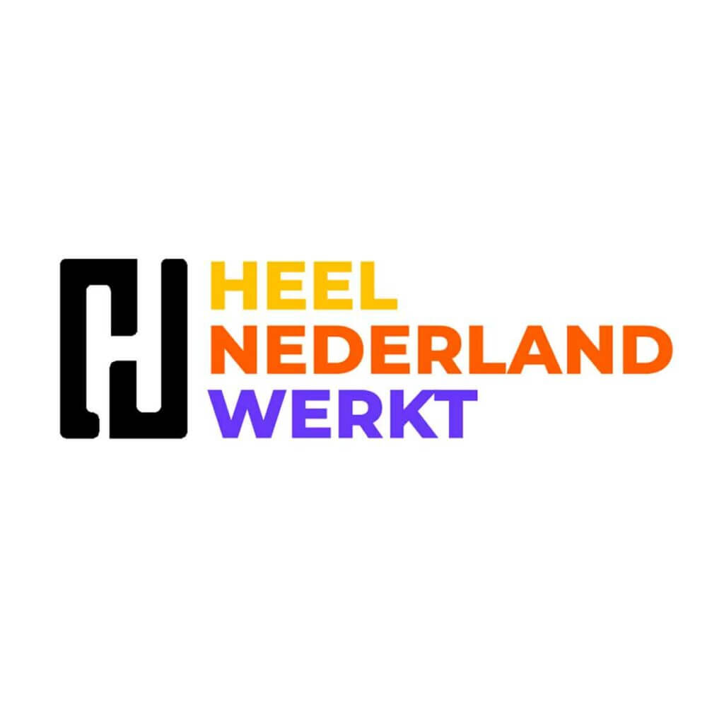 Logo met de letters HJ in het zwart aan de linkerkant. Rechts staat de gesponsorde tekst HEEL NEDERLAND WERKT in levendige tinten geel, oranje en paars.